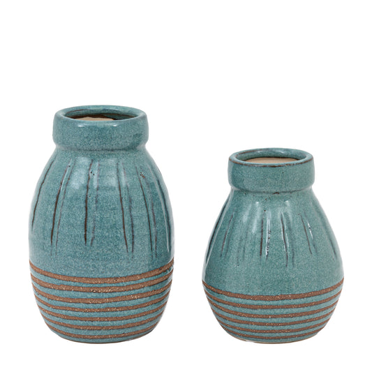Southwold Ribbed Ceramic Vase Teal Set of 2