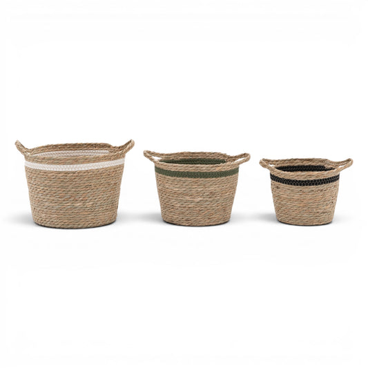 Storage Basket Black White Olive Stripe Nest of 3