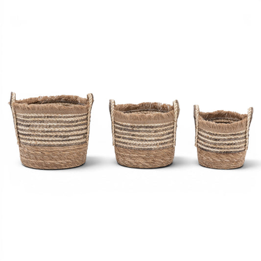 Fringed Woven Basket Brown Stripe Set of 3