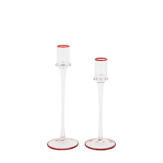 Red Rim Glass Candle Stick Set of 2