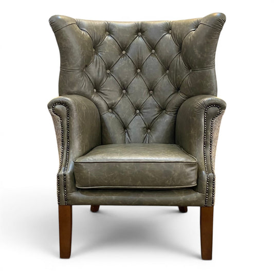 Kingston Grey Leather & Tweed Wingback Armchair - Ex Display