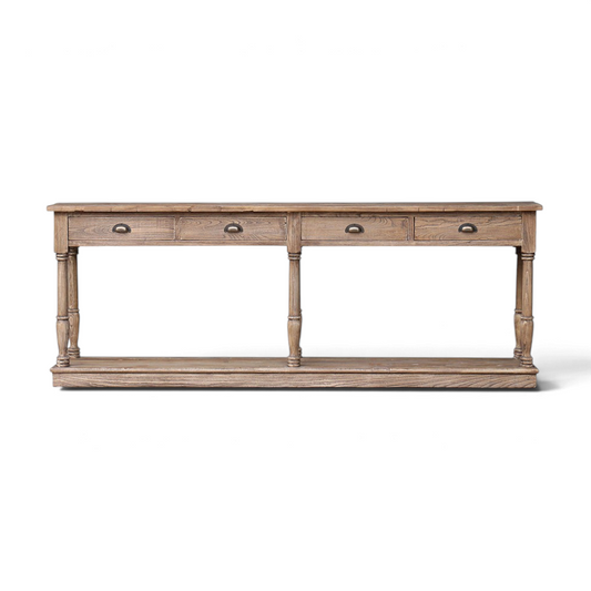 Pieces For Places Oyster reclaimed elm hall table featuring four drawers and a lower shelf on a white background.