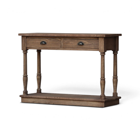 Pieces For Places Oyster reclaimed elm hall table featuring two drawers with dark metal cup pulls and turned legs.