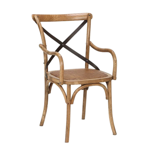 Wooden chair with woven seat on a white background