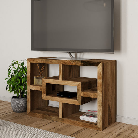 Wooden TV stand with a flat-screen TV mounted on a wall in a room.