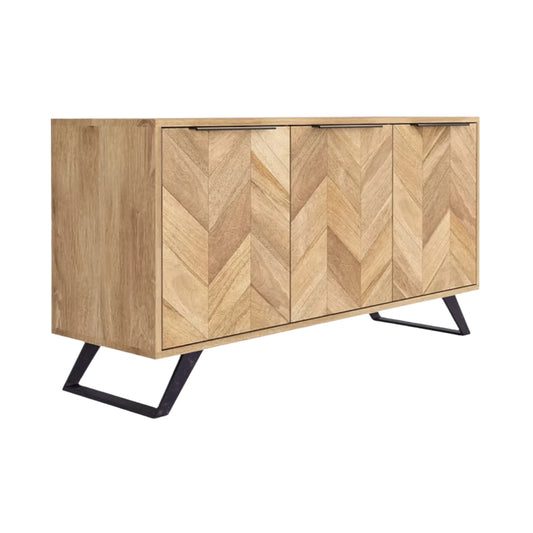 Wooden sideboard with chevron pattern and black metal legs on a white background