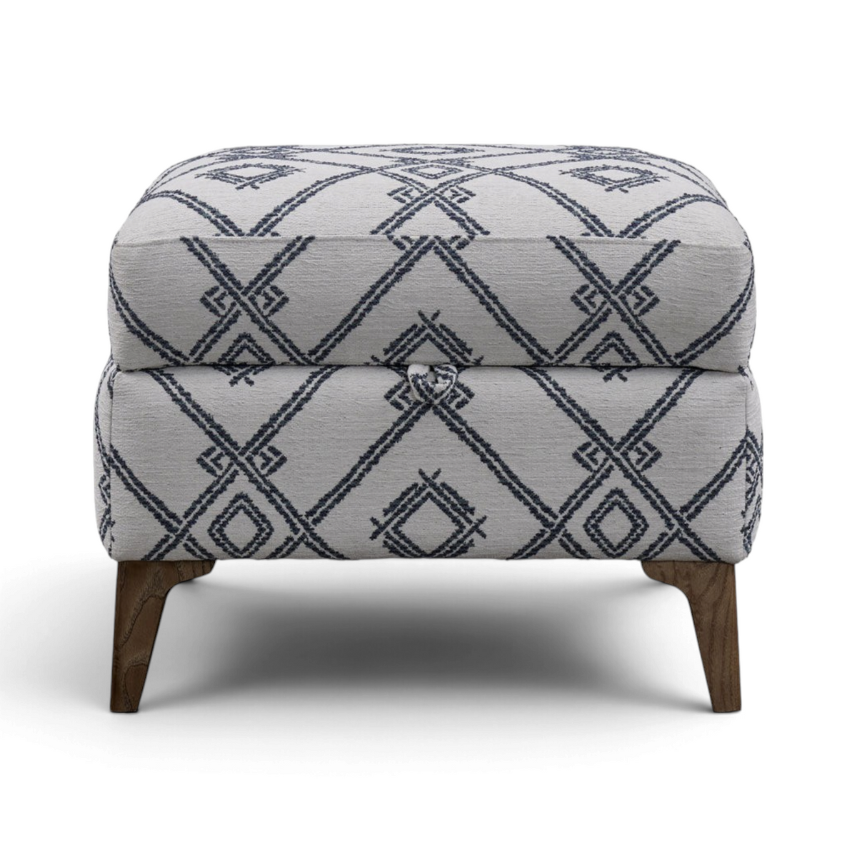 Pieces For Places high leg storage stool in grey fabric with a navy blue geometric diamond pattern and wooden feet.