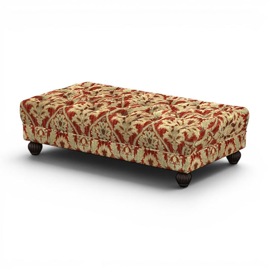 Pieces For Places Elgar Footstool in Enigma Claret fabric with tufted top and dark hardwood feet.