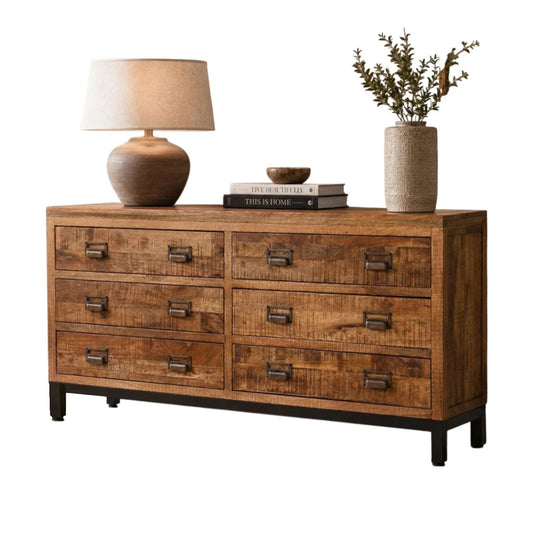 Industrial 6 Drawer Mango Wood Apothecary Wide Chest