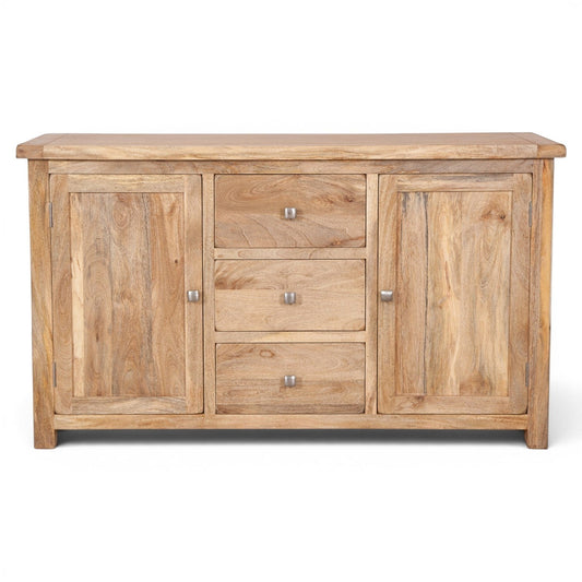 Pieces For Places Olda large mango wood sideboard with natural finish, featuring two doors and three drawers with steel knobs.