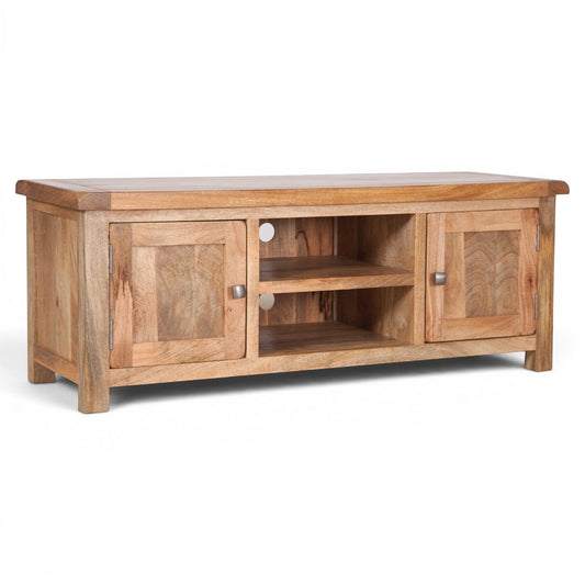 Pieces For Places Olda large TV unit in natural mango wood with two side cupboards, two open shelves, and steel knobs.