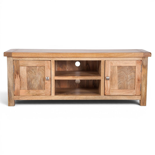 Pieces For Places Olda large natural mango wood TV unit with two cupboards and two open shelves, steel knobs.