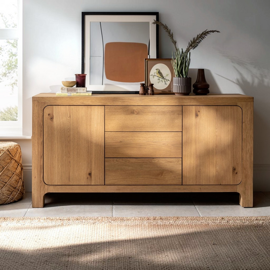Pieces For Places Wyatt wide sideboard in reclaimed oak veneer with rounded corners and three central drawers.