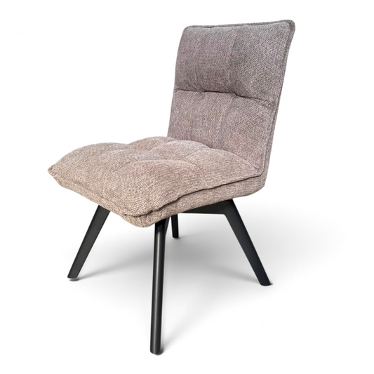 Pieces For Places Bubble light beige grey upholstered swivel dining chair with a tufted seat and black metal legs