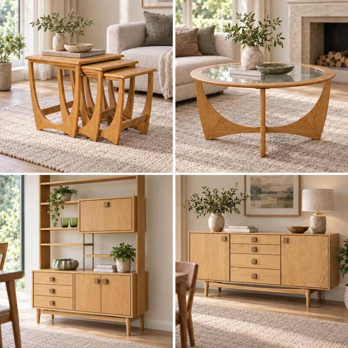 Pieces For Places Larsen oak bed frame with slatted headboard in a mid-century modern bedroom with matching furniture.