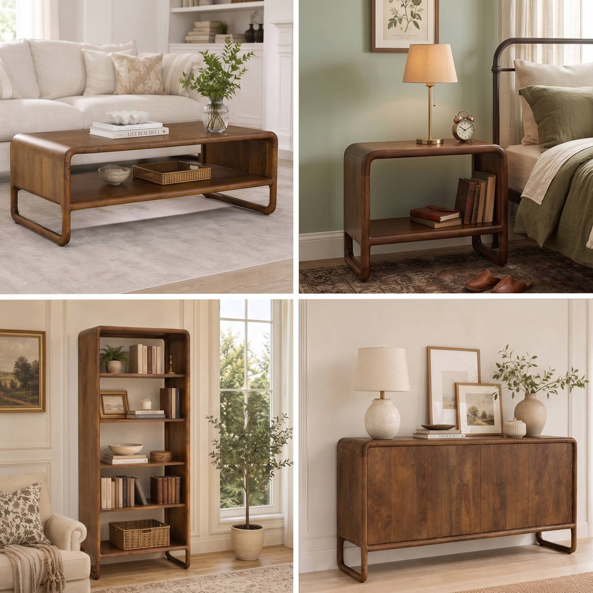 Pieces For Places Saturn mango wood bookcase with five shelves and rounded corners, styled in a bright living room.