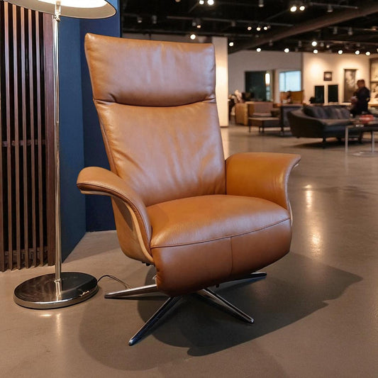 Slimline Electric Recliner Chair in Light Cognac Leather - Pieces For Places