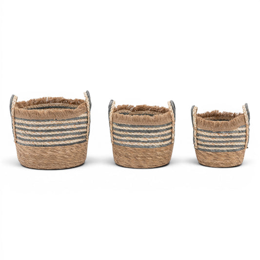 Fringed Woven Basket Ink Stripe Set of 3