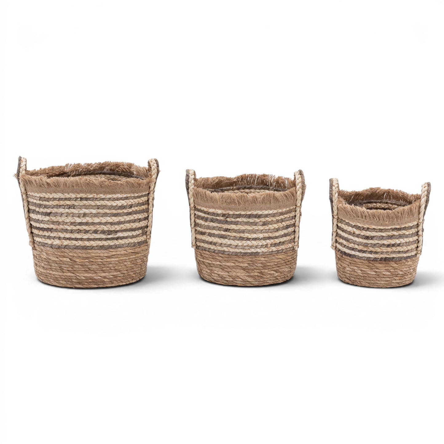 Fringed Woven Basket Brown Stripe Set of 3