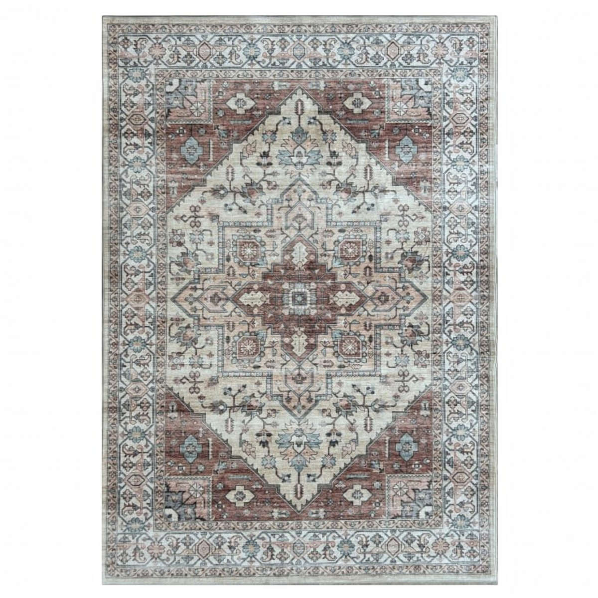 Pieces For Places Tabriz traditional style rug with a central medallion pattern in muted red, beige, and blue tones.