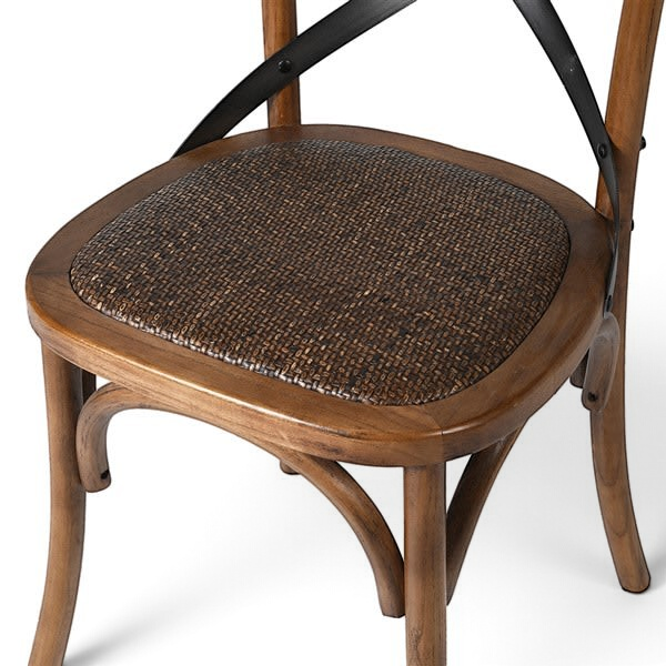 Pieces For Places dark elm dining chair with a woven rattan-effect seat and black steel X-back frame detail