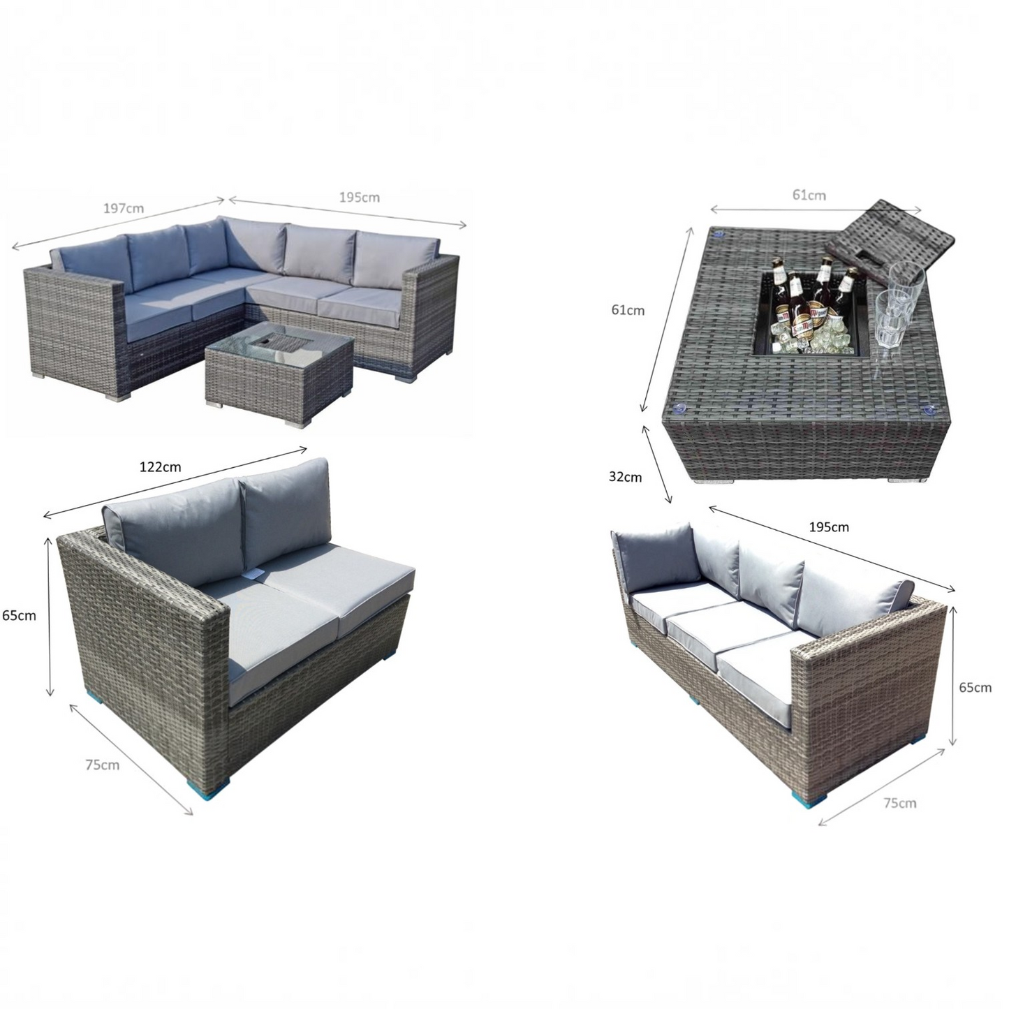 Gabriela Outdoor Grey Wicker Corner Dining Set with Ice Bucket Table