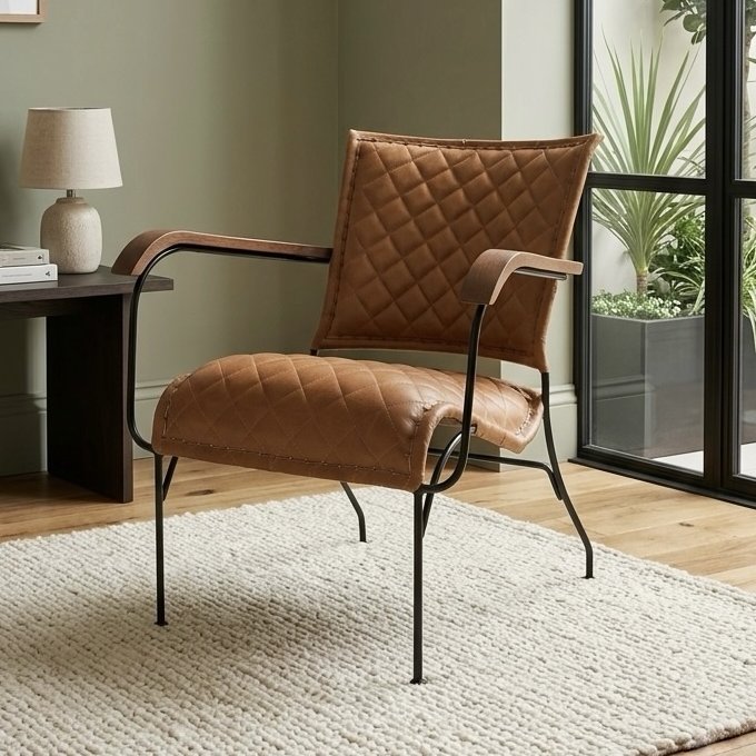 Iron & Leather Armchair Cross-Stitched Tan