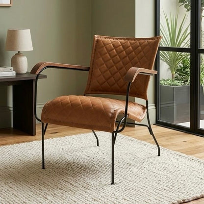 Iron & Leather Armchair Cross-Stitched Tan