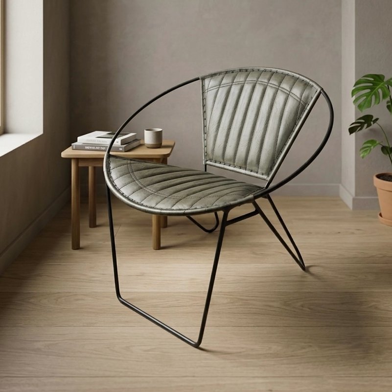 Iron & Leather Round Tub Armchair Olive