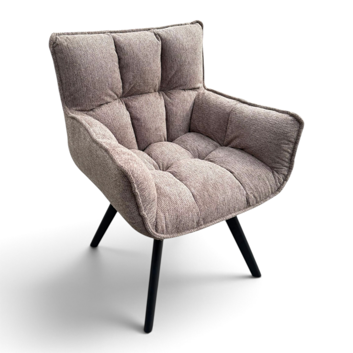 Pieces For Places bubble light beige grey fabric swivel dining chair with black metal legs and tufted seat detail.