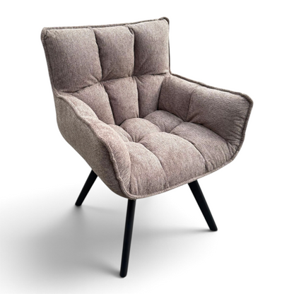 Pieces For Places bubble light beige grey fabric swivel dining chair with black metal legs and tufted seat detail.