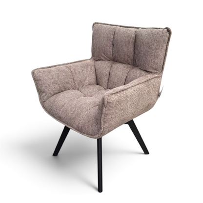 Pieces For Places bubble light beige grey fabric swivel dining chair with black metal legs and stitched detailing.