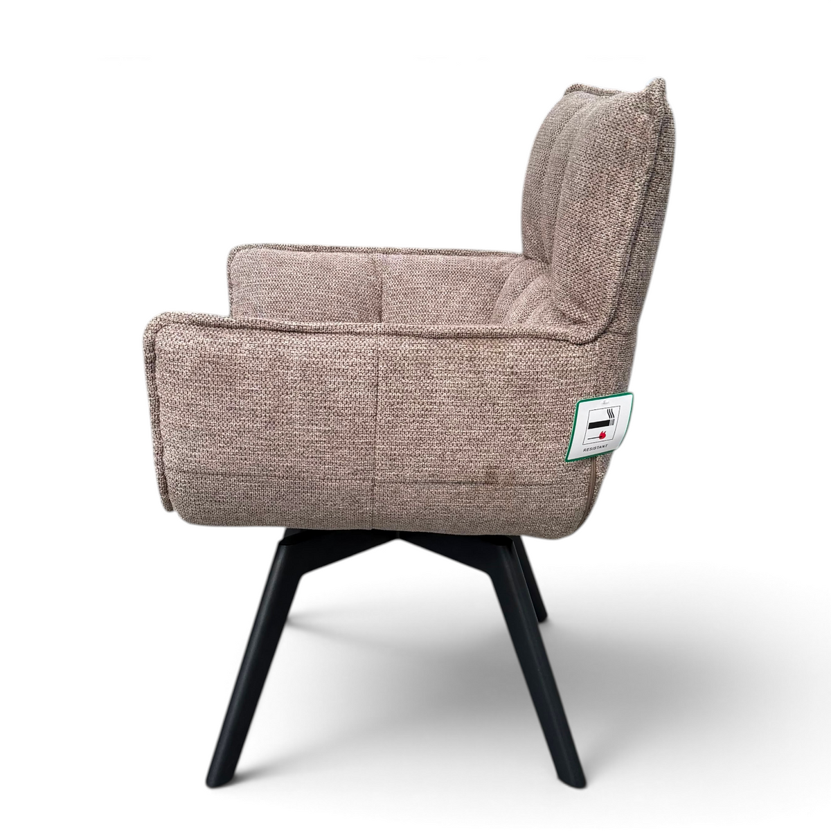 Pieces For Places bubble swivel dining chair in light beige grey fabric with black metal legs, side view