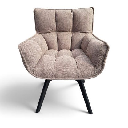 Pieces For Places bubble light beige grey fabric swivel dining chair with black metal legs and tufted seat detailing.