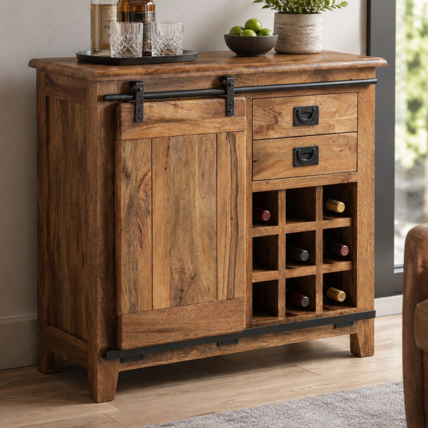 Industrial Solid Mango Wood Bar Cabinet
