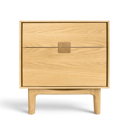 Pieces For Places Larsen 2 drawer bedside table in light oak with mid-century Scandinavian design and tapered legs.