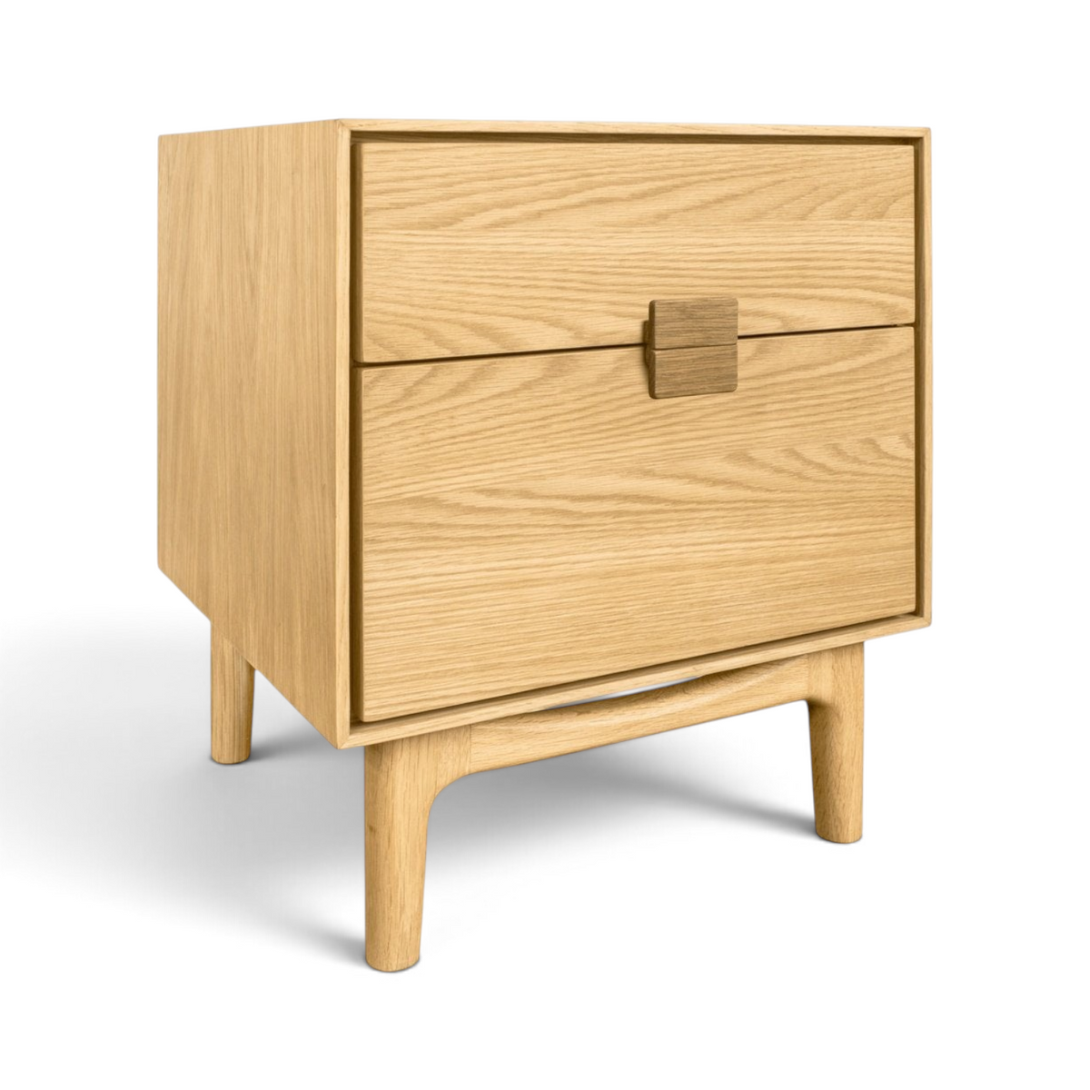 Pieces For Places Larsen 2 drawer bedside table in natural wood with mid-century Scandinavian design and tapered legs.