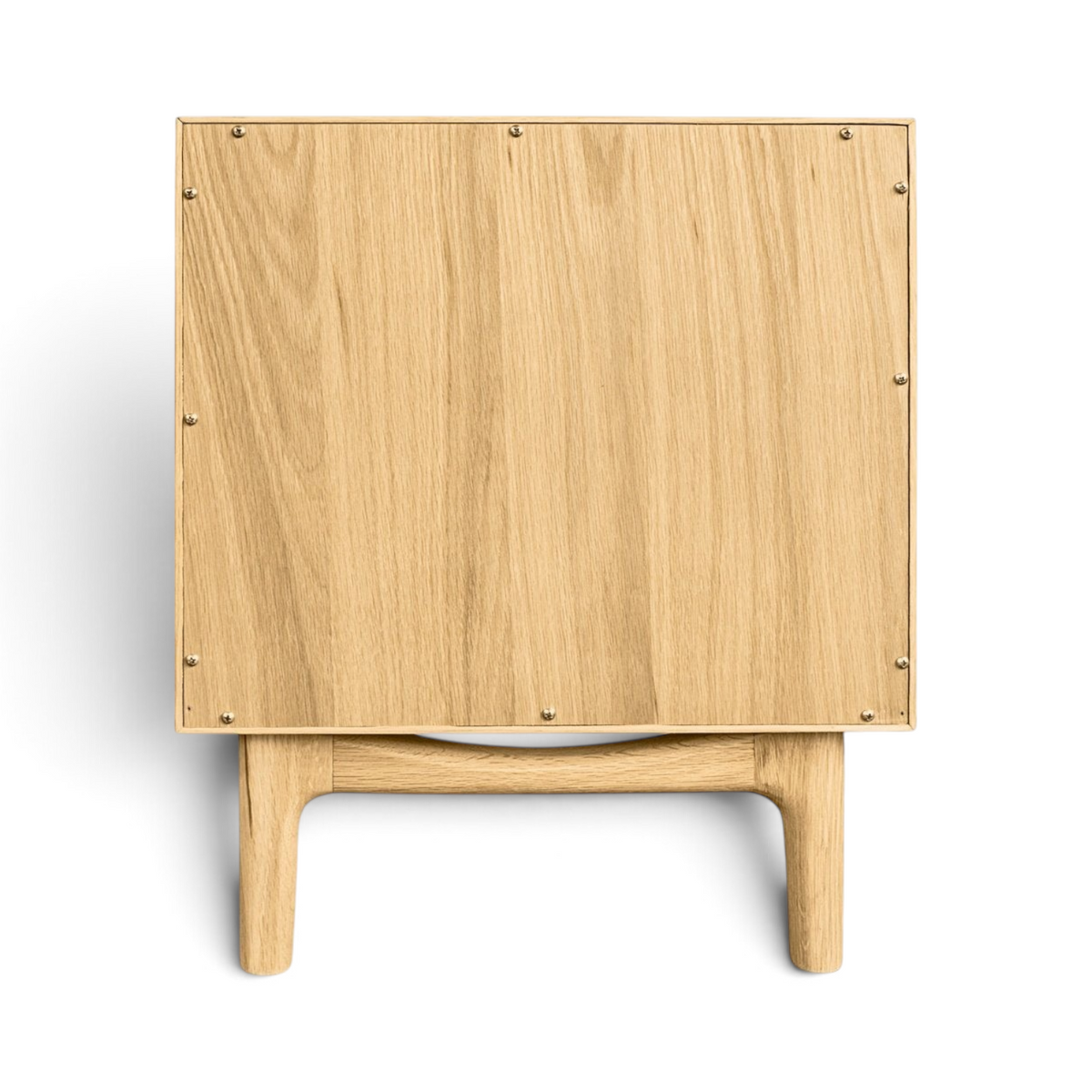 Pieces For Places Larsen 2 Drawer Bedside table back view showing natural wood grain and tapered legs