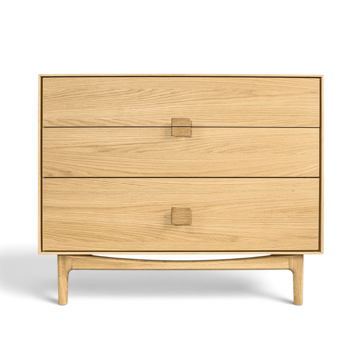 Pieces For Places Larsen 3 drawer chest in light oak wood with a minimalist Danish design and tapered legs.