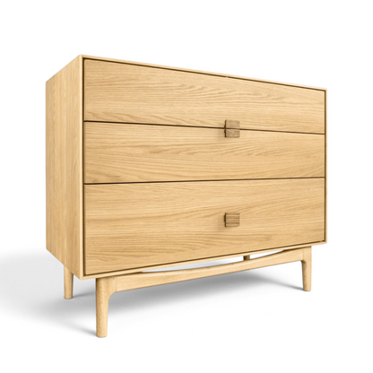 Pieces For Places Larsen 3 drawer chest in light oak wood with a minimalist Danish design and tapered legs.