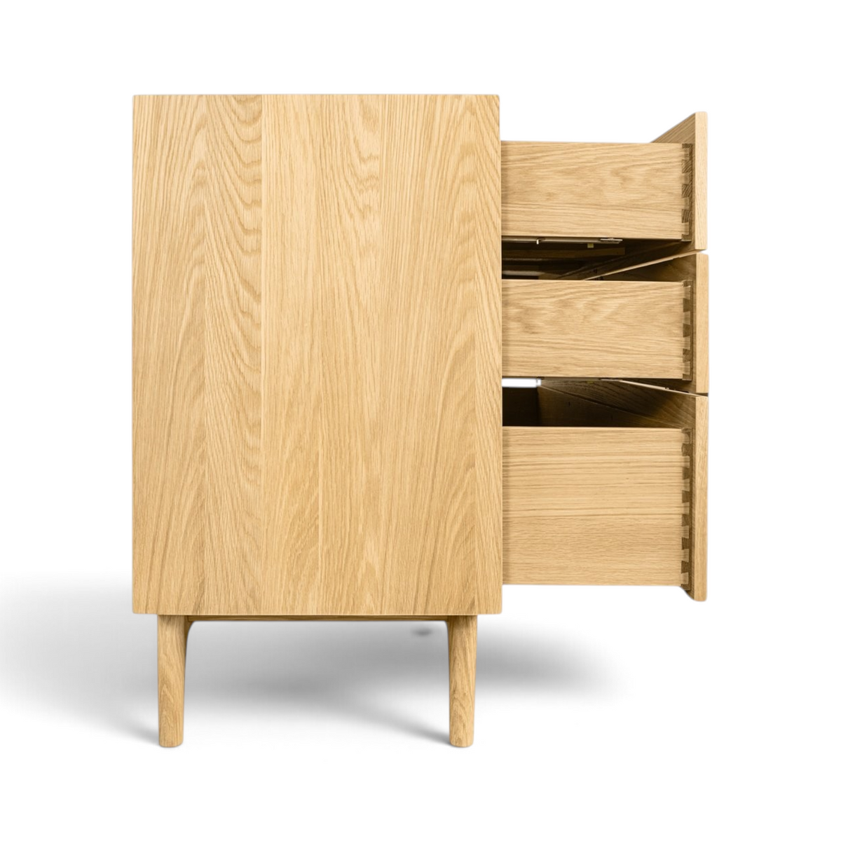 Pieces For Places Larsen 3 drawer chest in light oak wood with a Danish-inspired design and tapered legs