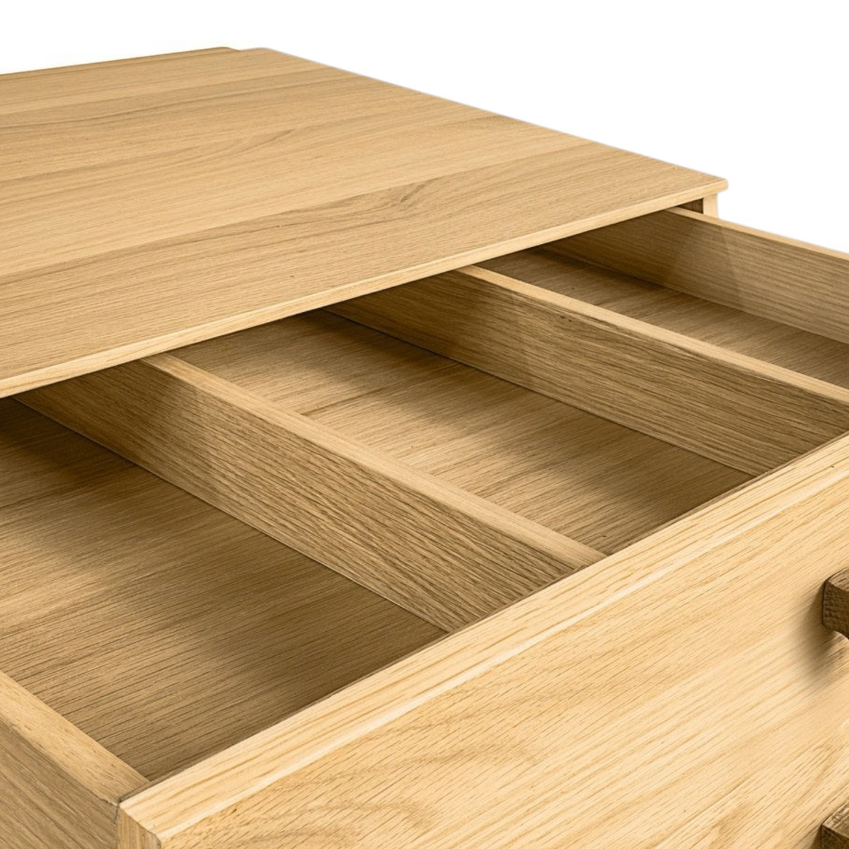 Pieces For Places Larsen 3 drawer chest in light oak wood with open top drawer featuring internal storage dividers