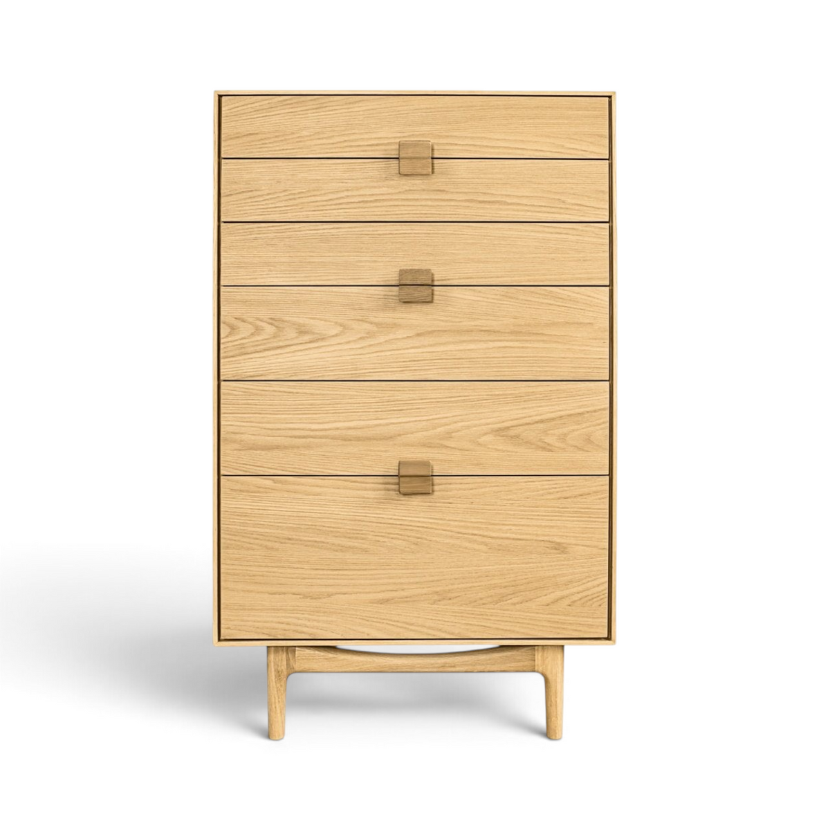 Pieces For Places Larsen 6 drawer tall chest in light oak wood with a minimalist Danish design and tapered legs.
