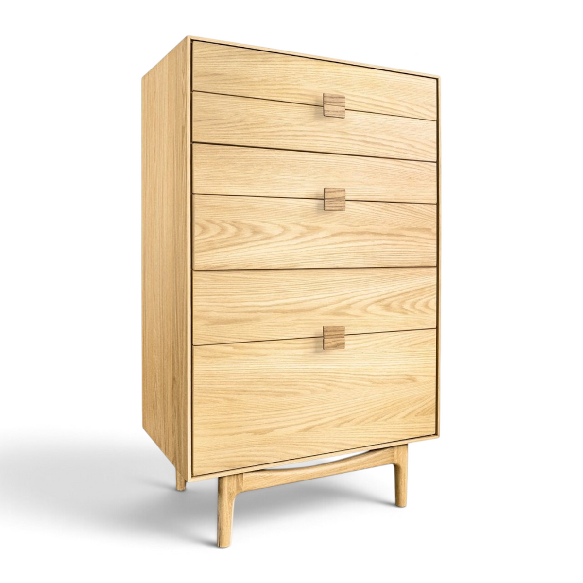 Pieces For Places Larsen 6 drawer tall chest in light oak wood with a minimalist Danish design and tapered legs.