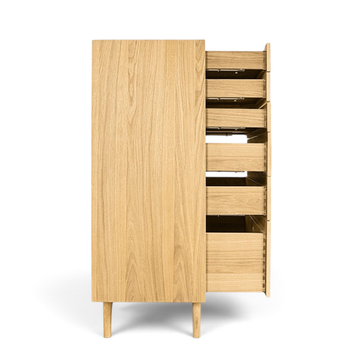Pieces For Places Larsen 6 drawer tall chest in light oak wood with a minimalist Danish design and tapered legs