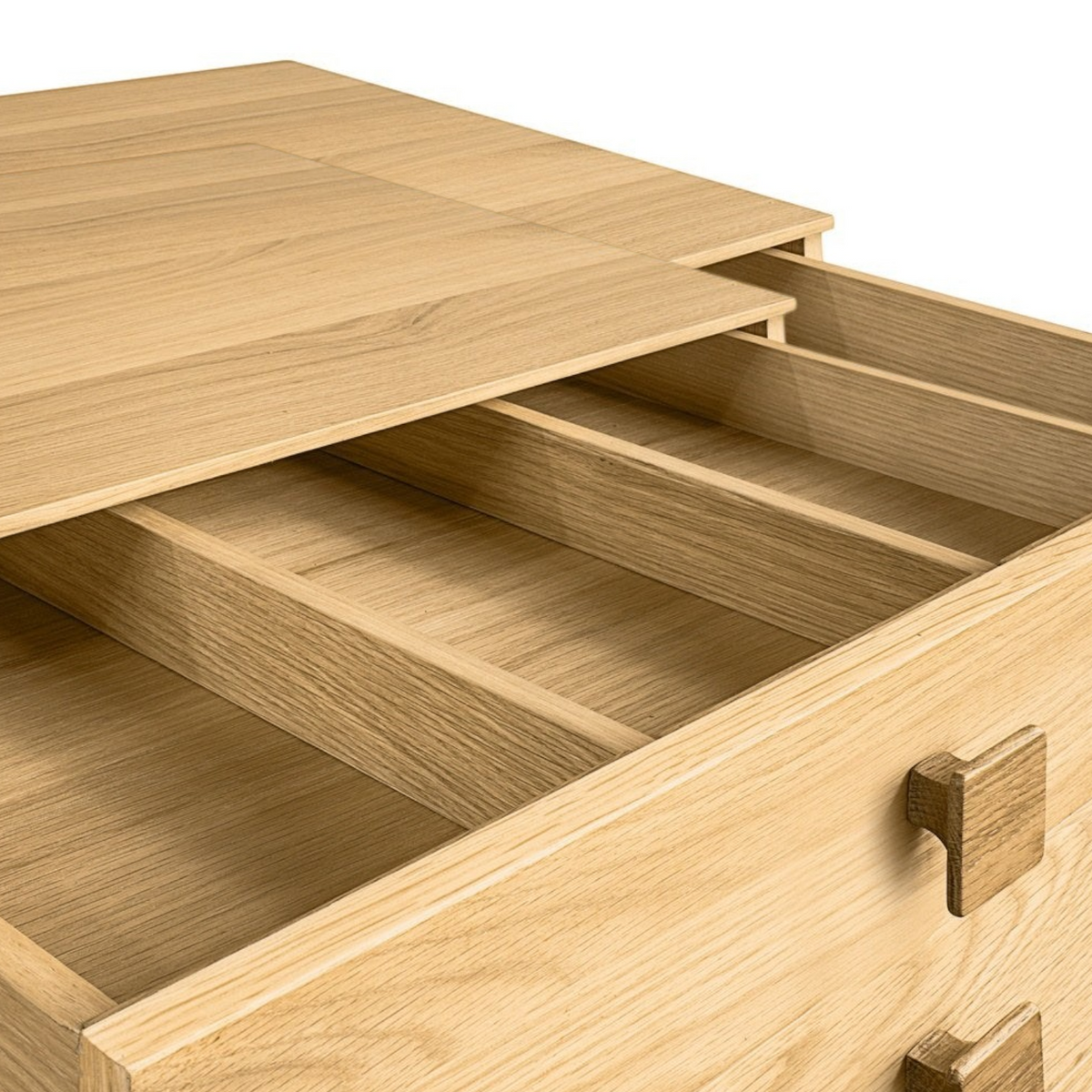 Pieces For Places Larsen 6 drawer tall chest featuring light oak wood grain and internal drawer dividers.