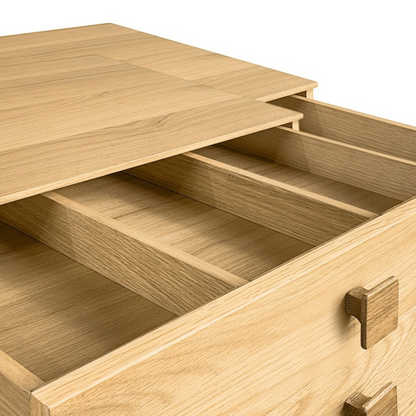 Pieces For Places Larsen 6 drawer tall chest featuring light oak wood grain and internal drawer dividers.