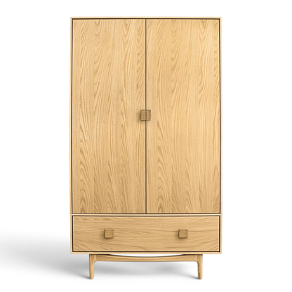 Pieces For Places Larsen double wardrobe in natural wood with two doors, a lower drawer, and tapered legs.