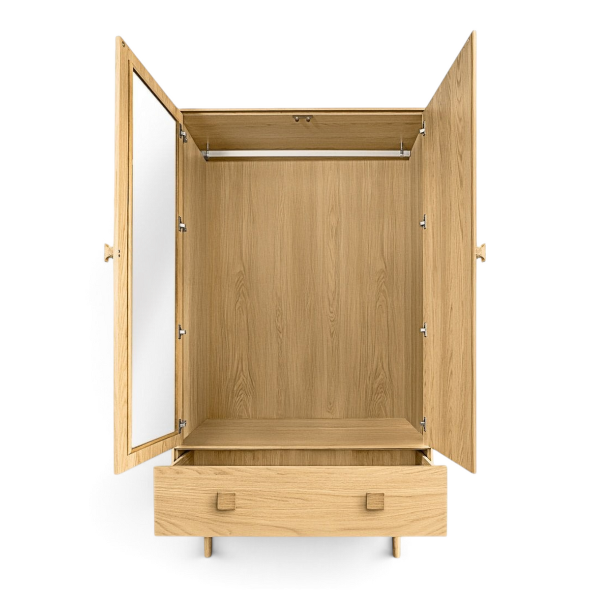 Pieces For Places Larsen double wardrobe in natural wood with open doors, internal mirror, and a wide bottom drawer.