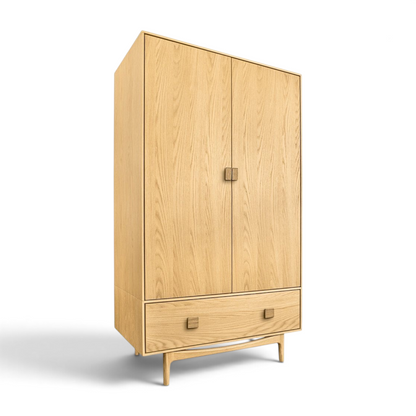 Pieces For Places Larsen double wardrobe in natural wood with mid-century Scandinavian design and tapered legs.